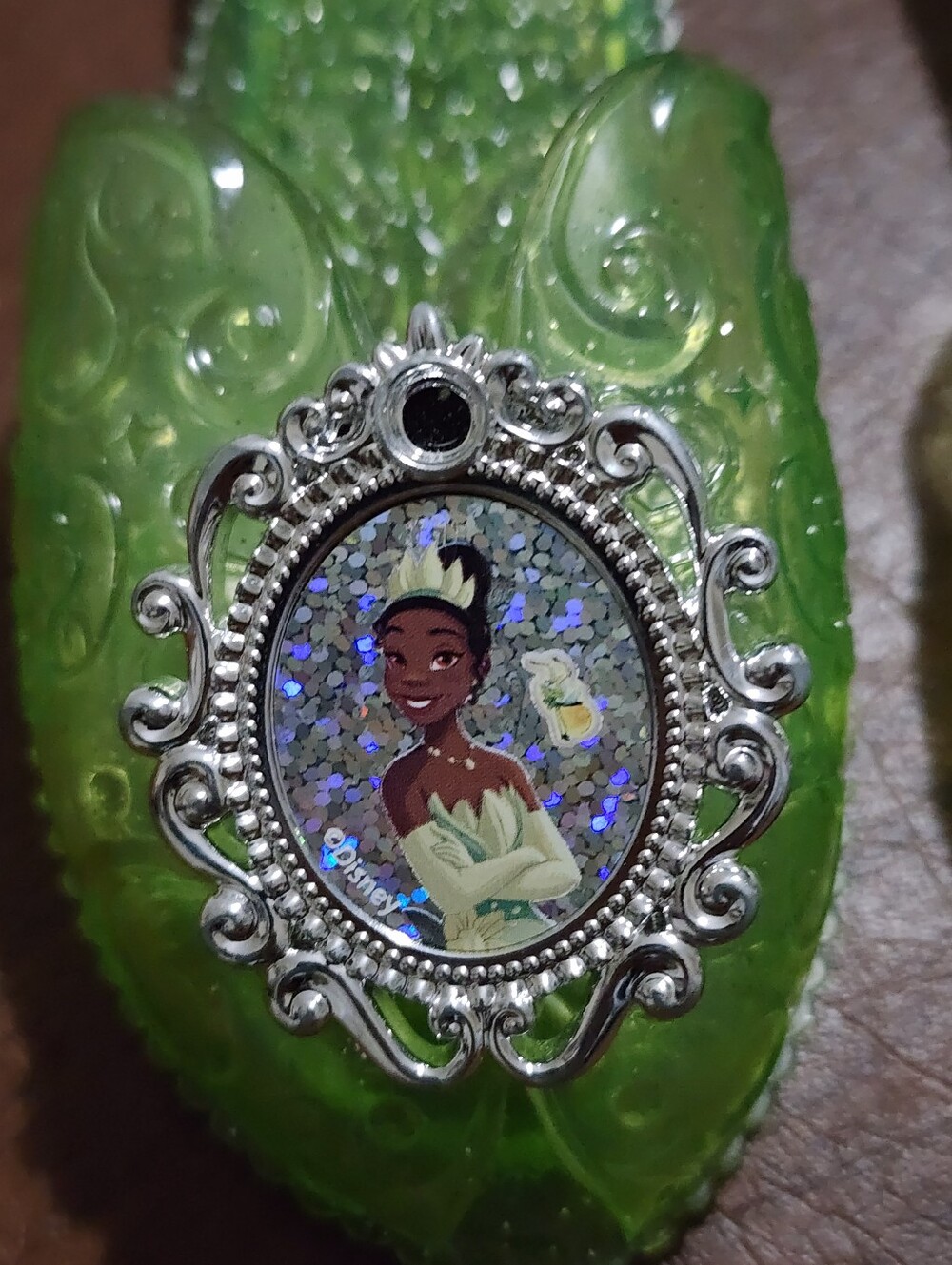 Green Jelly Princess Slippers with Portrait Medallions - Picture 2 of 9